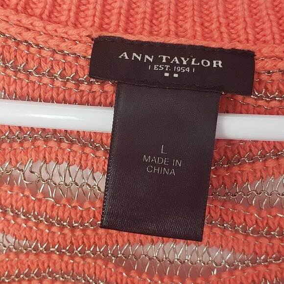 ANN TAYLOR SHORT Cap SLEEVED SWEATER top Metallic Thread Wave Pattern L Orange - Picture 2 of 6